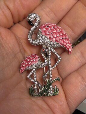 Flamingo Brooch Rhinestone Pink Enamel Mother Baby Pair 2.25"
